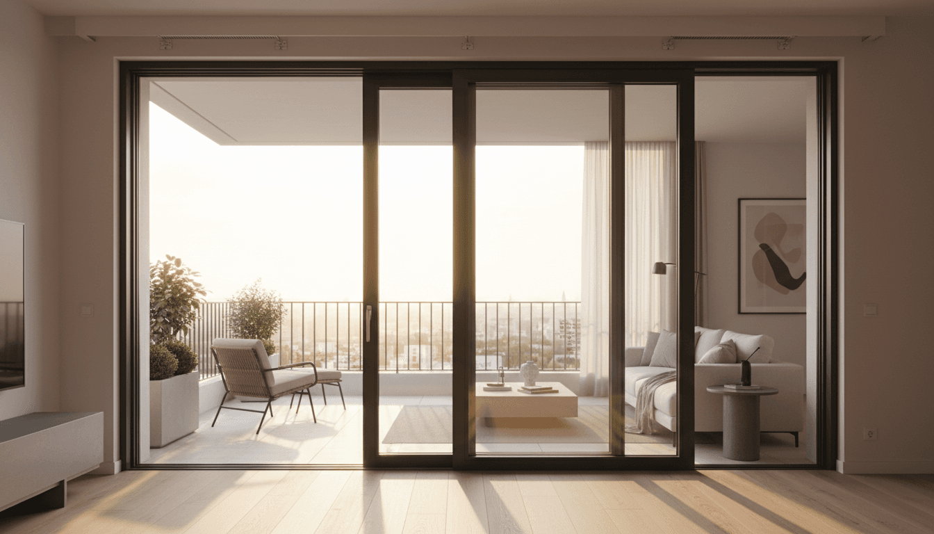 Modern sliding aluminum door system with glass panels opening to sunlit balcony in contemporary apartment