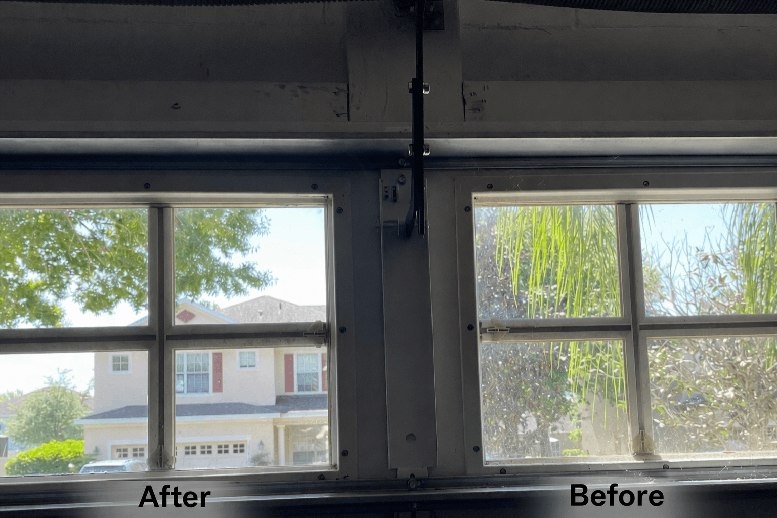 Side-by-side comparison of a clean window labeled After and a dirty window labeled Before.