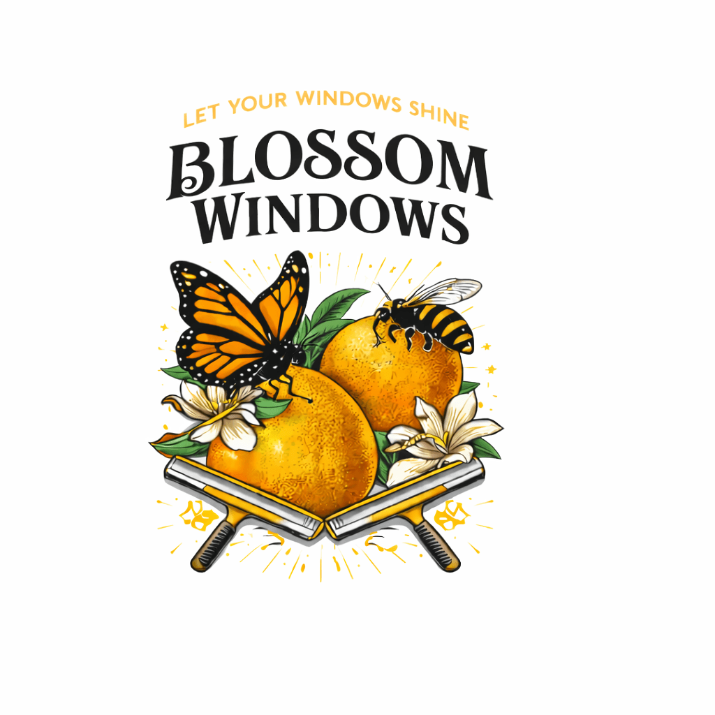 Blossom Windows logo with oranges, a butterfly, a bee, flowers, and window cleaning squeegees.