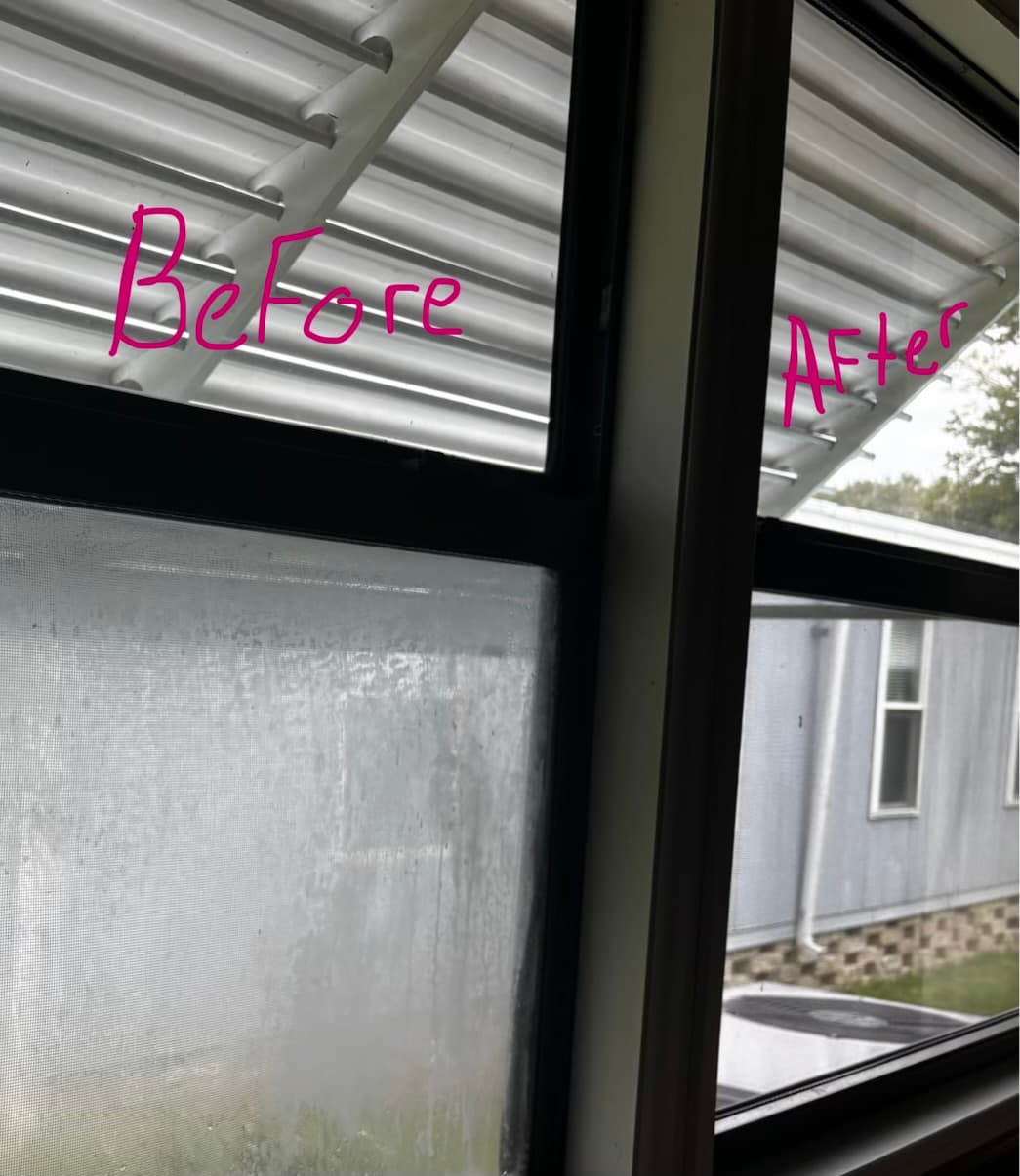 Before and after comparison of a foggy window pane transformed into a crystal clear view.