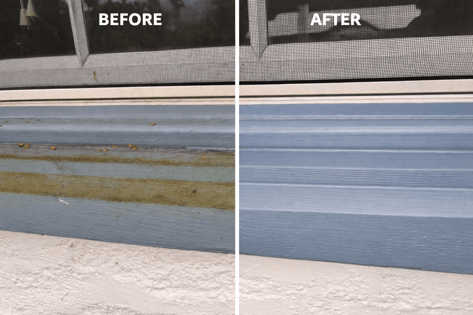 Before and after comparison of a dirty blue window sill restored to a clean finish.