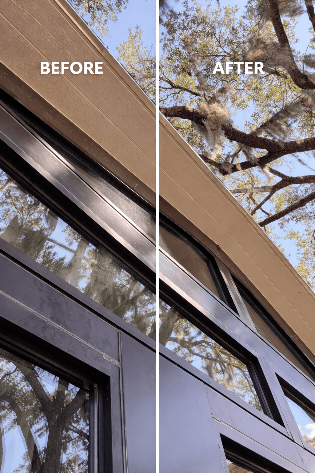 Before and after comparison showing dirty exterior window frames cleaned to a spotless, shiny finish.